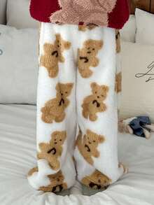 DAZY Young Girl Bear Print Fluffy Pants, Winter Loungewear Thermal Lined - White - View 2
