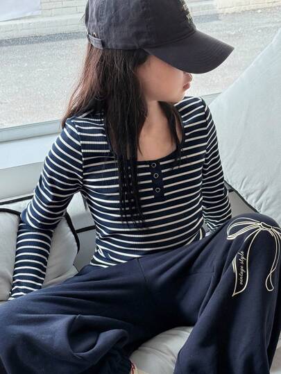 Dazy Kids Girls' Striped Round Neck Long Sleeve T-Shirt