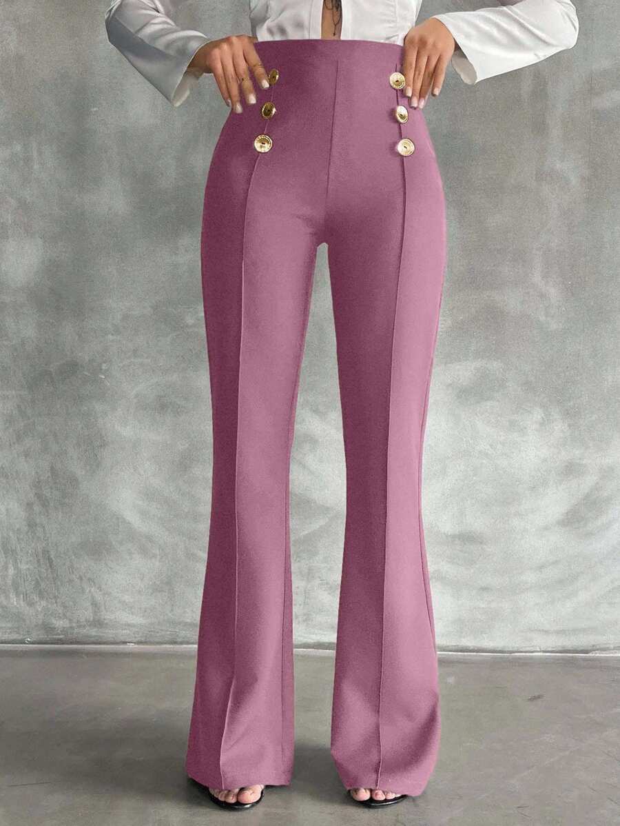 SHEIN Tall Pantalones acampanados de doble botonadura decorativa de talla alta - Rosa vieja - View 1