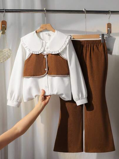 2 件女童撞色拼布衬衫，带荷叶边装饰和喇叭裤套装，休闲和校园风格