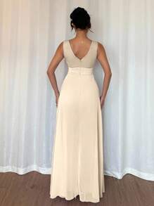 Breezaya 优雅V领褶腰珍珠雪纺阔腿连体裤，适合婚礼宾客礼服，紫色 - 杏色 - 查看 2