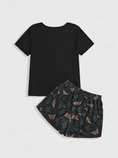 Goth Ensemble de pyjama décontracté à manches courtes et shorts avec imprimés gothiques de crâne, papillon, feuille et lune