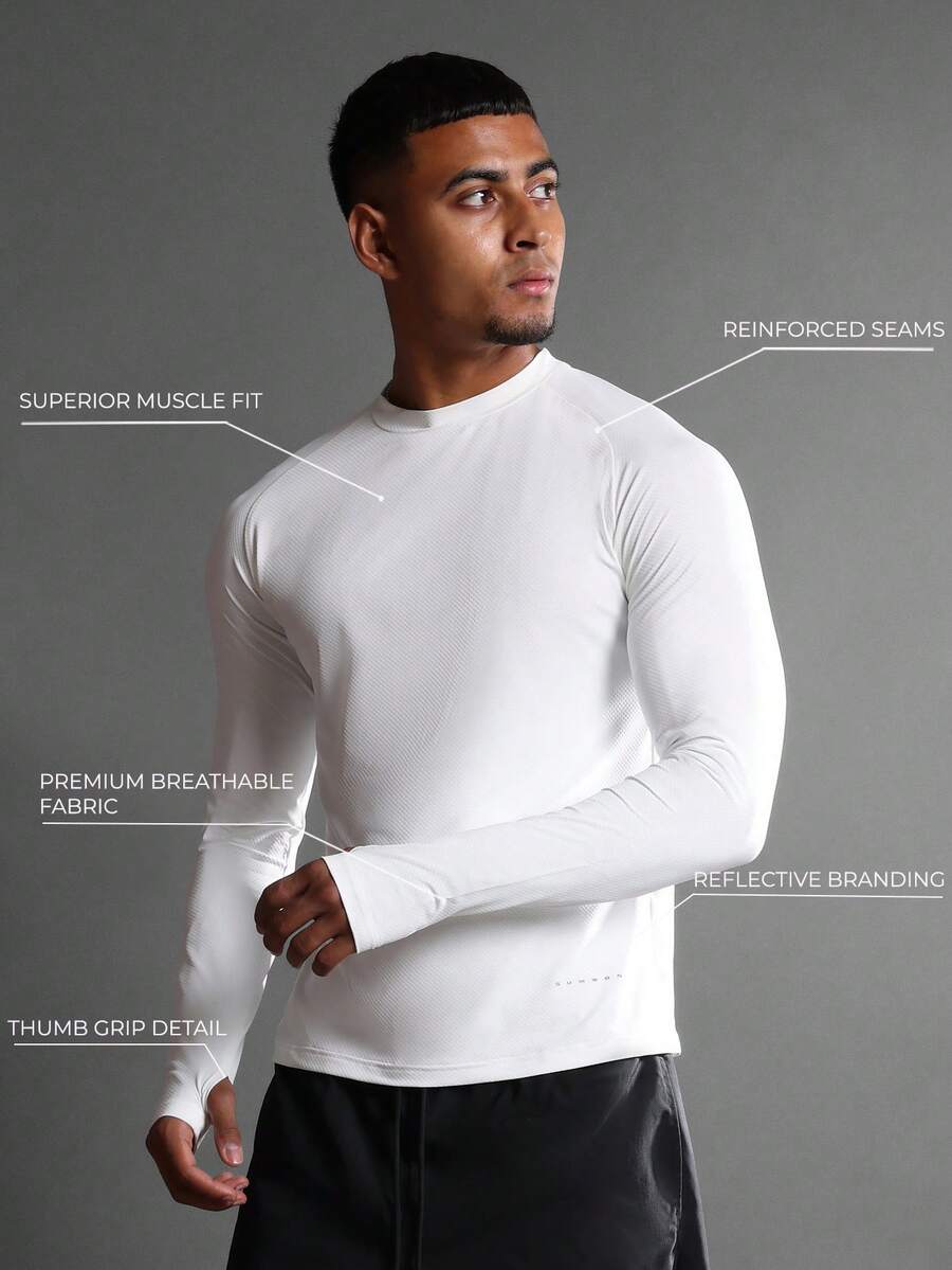 SUMWON Áo thun thể thao dài tay hiệu suất cao cấp, vừa vặn với cơ bắp, có lỗ xỏ ngón tay cái, chạy marathon, bó sát, áo tập thể dục năng động, trang phục thu đông - trắng - Xem 1