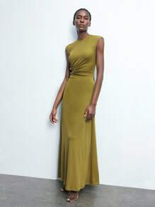 Maija 女式绿色夏季连衣裙，别致纯色竖条纹纹理闪亮面料，腰部褶饰，镂空优雅性感无袖长裙，圣帕特里克节、春假、复活节 - 軍綠色 - 查看 4