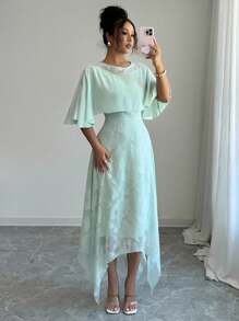 Modelyn Váy thanh lịch kiểu Pháp bằng vải jacquard khoét lỗ dành cho nữ, thiết kế viền bất đối xứng - Màu xanh nhạt - Xem 7