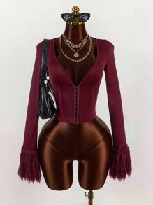 Amplova Fall Clothes For Women Winter Clothes Corset Metal Button Decor Fringed Tight Fit Jacket Elegant Burgundy Knit Cropped Jacket With Feathered Sleeves And Sophisticated Fit