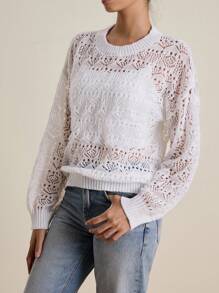 INAWLY Women's Casual Crew Neck Long Sleeve Hollow Out Knit Cover Up Knit Pullover Fall Winter Sweater - White - View 4