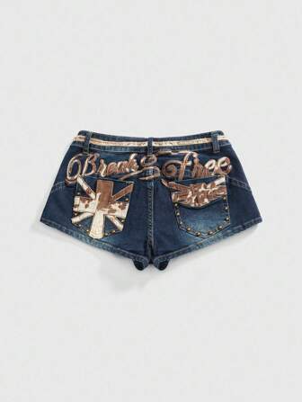 Hippie Women's Y2K Retro Hippie Vacation Style Cow Print Beaded Embroidery Mini Denim Shorts