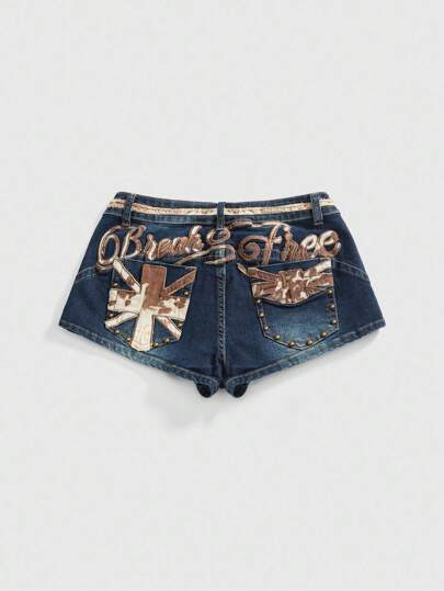 Pantalones cortos de mezclilla con bordado de cuentas, estilo de vacaciones hippie Y2K, estampado de vaca para mujer