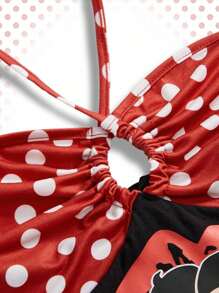 Betty Boop | ROMWE 夏季加大码性感可爱卡通图案撞色波尔卡圆点吊带上衣 - 黑色 - 查看 4