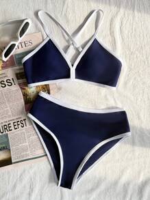 SHEIN Tween Girls' Casual Beach Vacation Vintage Color Contrast Criss-Cross Strap Bikini Set, Navy Blue - Royal Blue - View 2