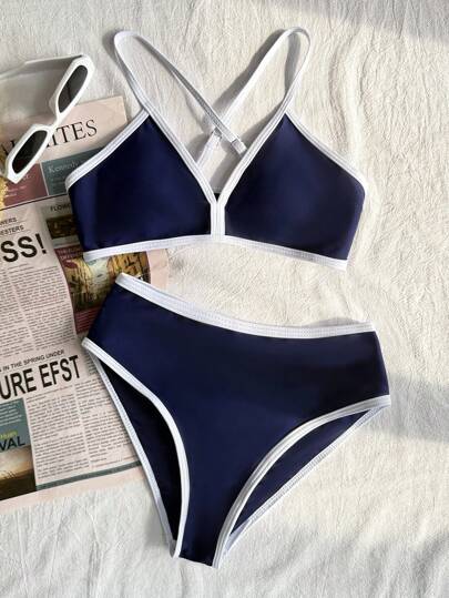 SHEIN Tween Girls' Casual Beach Vacation Vintage Color Contrast Criss-Cross Strap Bikini Set, Navy Blue
