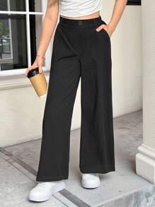 SHEIN 青少年女孩休闲时尚百搭口袋半松紧腰紧身直筒黑色裤子，返校季 - 黑色 - 查看 5