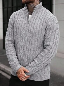 Manfinity CasualCool Men's Autumn/Winter Cable Knit Zip-Up Cardigan With Pockets, Long Sleeve Top