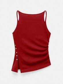 Maija Women's Red V-Neck Cold-Shoulder Camisole, Solid Color Ruched Asymmetric Hem Side Slit Fashionable Versatile Casual Blouse For Urban, Business Casual - Red - View 7