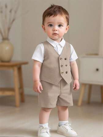 SHEIN Set de 2 piezas de chaleco y pantalones cortos de estilo coreano informal de color caqui de doble botonadura para niño/niña, adecuado para fiesta de cumpleaños, fiesta de noche, actuación, boda, baby shower, celebración del 1er cumpleaños