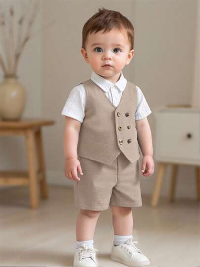 SHEIN 2pcs/Set Baby Boy/Girl Summer Casual Korean Style Khaki Double-Breasted Vest And Shorts Set, Suitable For Birthday Party, Evening Party, Performance, Wedding, Baby Shower, 1st Birthday Celebration Fall Winter
