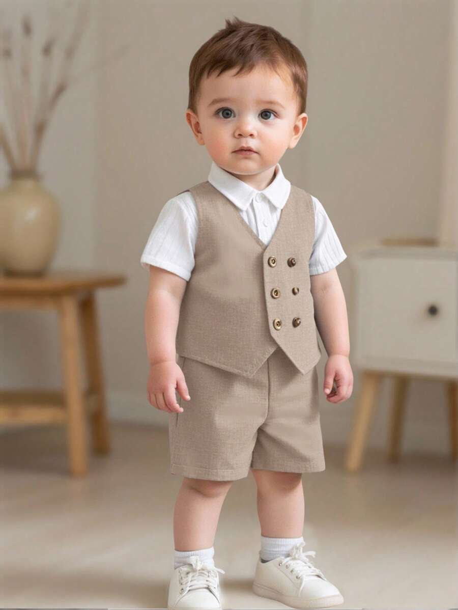 SHEIN 2pcs/Set Baby Boy/Girl Summer Casual Korean Style Khaki Double-Breasted Vest And Shorts Set, Suitable For Birthday Party, Evening Party, Performance, Wedding, Baby Shower, 1st Birthday Celebration Fall Winter