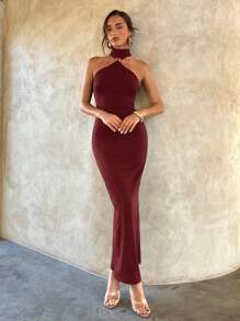 Aloruh 女士优雅性感金属扣装饰镂空紧身弹力连衣裙 - 酒紅色 - 查看 2