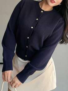 Dazy Plus Plus Size Women's Loose Fit Crew Neck Long Sleeve Cardigan Sweater, Dark Color Fall,Winter