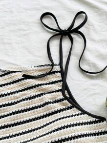 Soleia Women's Vacation Colorblock Striped Knit Asymmetric Neck Fitted Top, Suitable For Party, Christmas, Date, Beach, Cruise, Afternoon Tea, Bohemian, Boho, Romantic Floral Striped Tank Top Summer Tops Women Knit Top Women Knit Tops - Coffee Brown - View 5