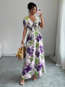 Elenzga Vestido largo con cuello en V y manga corta con estampado floral colorido para mujer