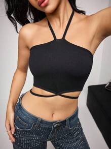 SuitURBody Women's Black Knitted High Stretch Halter Criss Cross Backless Plain Crop Top Casual Comfy Style - Black - View 2
