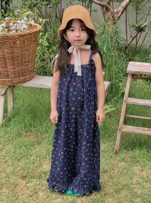 Dazy Kids 年轻女孩夏季休闲碎花连体裤 - 深色水洗藍 - 查看 7