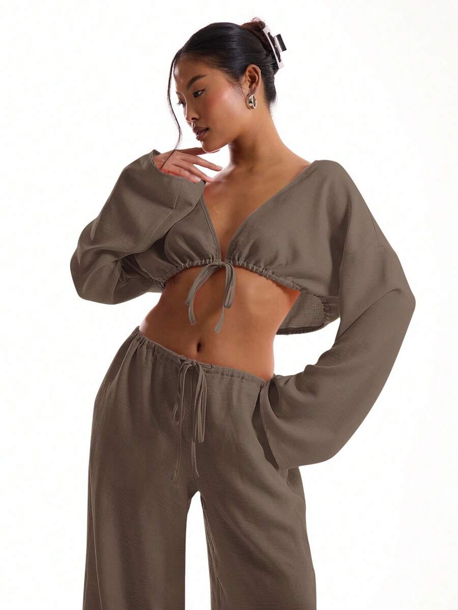 MUSERA 亚麻质感系带宽袖沙滩上衣，度假波西米亚风，性感优雅，适合伊比沙岛假日派对，优雅春夏装扮 - 深灰色 - 查看 1