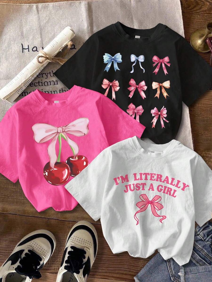SHEIN Áo thun in họa tiết hoạt hình tối giản thường ngày cho bé gái tuổi teen, phù hợp cho mùa hè - Nhiều màu - Xem 1