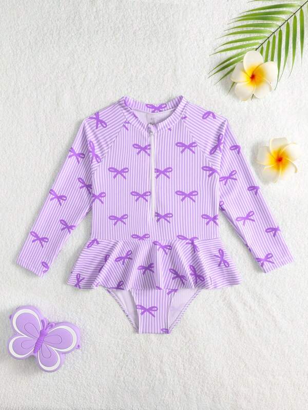 SHEIN Traje de baño de una pieza con volantes, mangas raglán y estampado de rayas con moño para niña