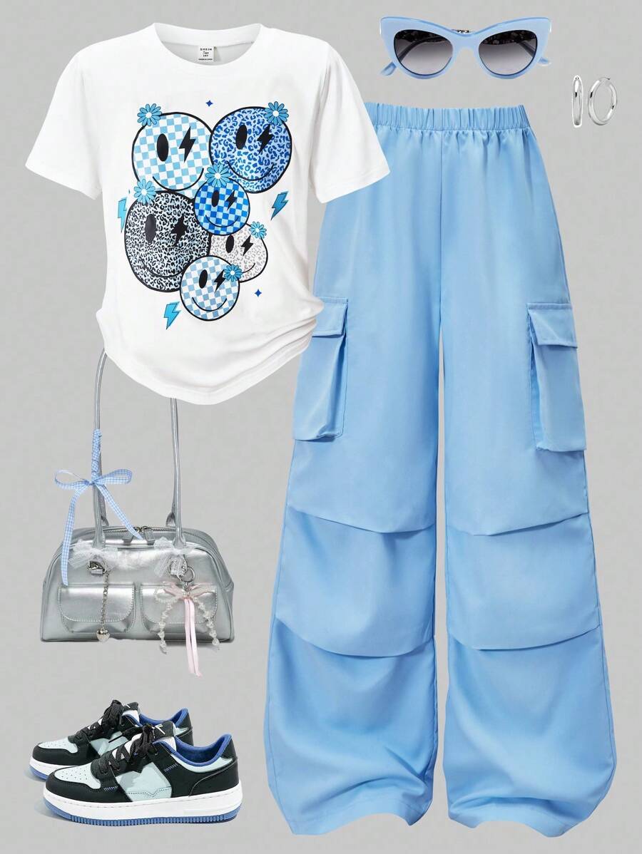 SHEIN ChillGRL 2pcs/Set Teen Girls Letter Print Round Neck T-Shirt + Cargo Pants, Casual Streetwear Style - Blue - View 1