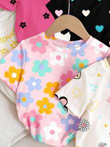 SHEIN Happikins 4pcs/Set Young Girl Casual Basic Round Neck Short Sleeve T-Shirts, Suitable For Spring & Summer, School, Campus, College - Multicolor - View 4