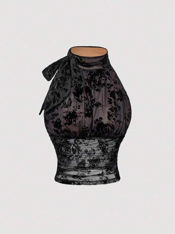 SHEIN MOD Chemisier abricot sans manches à la mode pour femme, ajusté, charmant, col montant, papillon, froncé, noué, hauts d'automne, hauts de travail pour femmes, hauts de club, hauts professionnels, vêtements d'automne