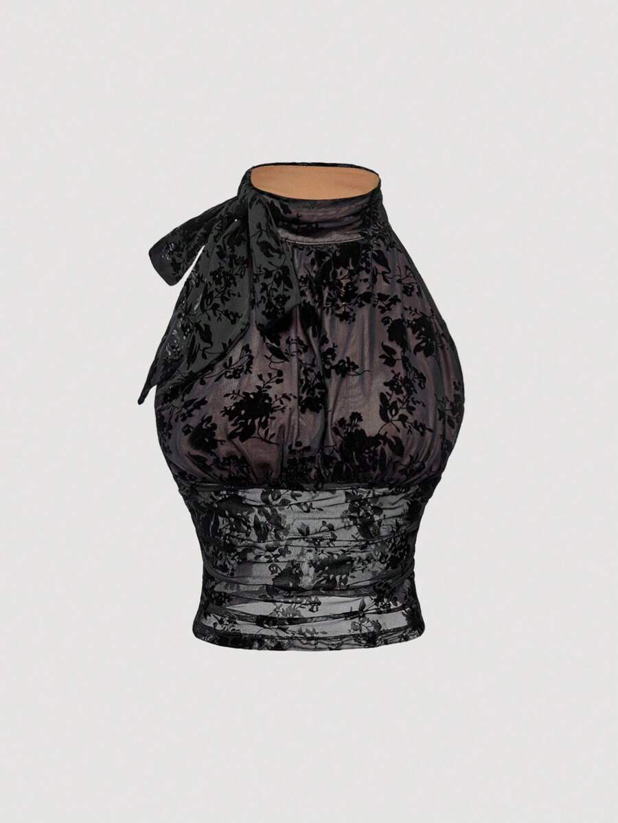 SHEIN MOD 女式无袖时尚修身迷人立领蝴蝶褶饰系带杏色衬衫、秋季上衣、女式工作上衣、俱乐部上衣、职业上衣、秋装 - 黑色 - 查看 1