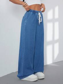 Flexra Elastic Waist Drawstring Cat's Whiskers Distressed Washed Knit Denim Pants - Medium Wash - View 4