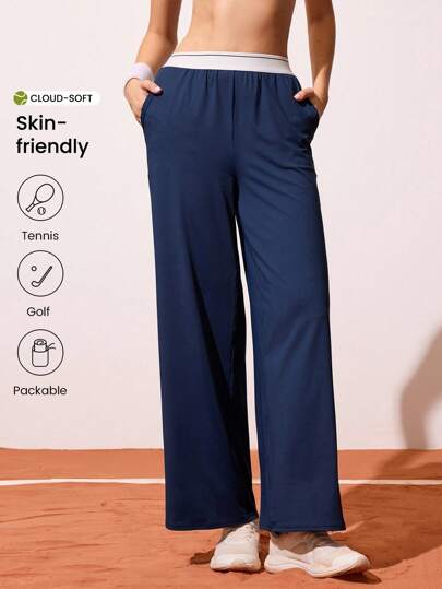 CourtClass 海军蓝宽松女式运动裤，带手机口袋，适合网球和户外锻炼，女式阔腿裤，宽松裤，松紧腰裤，网球裤，高尔夫裤