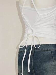 SHEIN ICON Women's Summer Ruched Back Tie Spaghetti Strap Camisole Top White Halter Top White Cowl Neck Top Ruched White Top White Tie Back Top Summer White Top