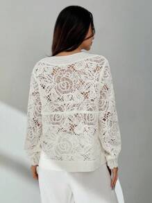 SHEIN PETITE 女士花卉镂空长袖单排扣宽松开衫