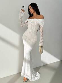 SHEIN PETITE فستان أنيق بأكمام طويلة من الدانتيل مع ربطة أمامية، بلون أحادي وأكتاف مكشوفة للنساء - الأسود - مشاهدة 7