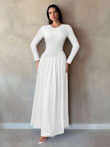 SHEIN Tall فستان كاجوال صيفي بأكمام طويلة مزين بلمسات مختلفة الألوان وياقة مستديرة وأكمام راجلان - أبيض - مشاهدة 4