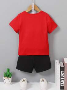 SHEIN Chàng trai trẻ Sọc Vòng cổ Ngắn tay Áo thun Và Bộ quần short - Đỏ - Xem 2