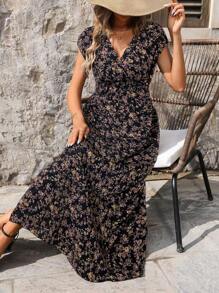 SHEIN LUNE 女式花卉印花V领度假风时尚长款连衣裙 - 黑色 - 查看 3
