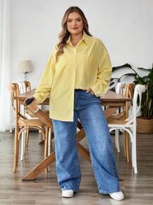 SHEIN CURVE+ Plus Size Women's Striped Printed Simple Daily Long Sleeved Shirt, Long Sleeved Top,Teacher Shirtsfall Clothes For Women,Winter,CURVE PLUS