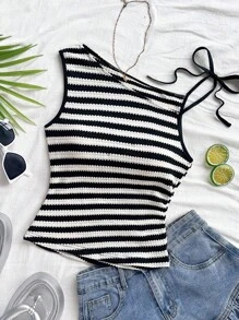 Soleia 女士条纹针织不对称领口修身衬衫，适合派对、圣诞节、约会、海滩、游轮、狂欢节、夏季 - 彩色 - 查看 8