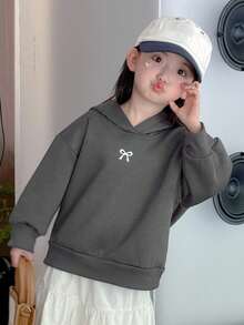 DAZY 女童连帽针织保暖蝴蝶印花长袖卫衣，秋季款 - 深灰色 - 查看 3