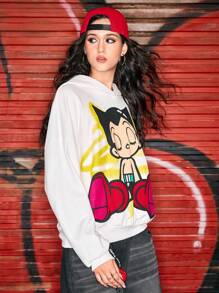 Astro Boy X ROMWE Retro Street Fashion Cartoon Graphic Loose Hooded Sweatshirt - White - View 5
