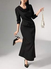 Heiryn Elegant Commuter Solid Color Draped Neck Dress
