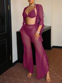 4pcs French Romantic Ruffle Sexy Lingerie Set, Going Out - Red Violet - View 3