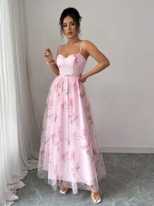 Elenzga Elegant Floral Rose Print Sleeveless A-Line Long Dress With Ruffle Trim, Romantic Spring/Summer Resort Chiffon Maxi Dress, Flattering Style - Pink - View 3